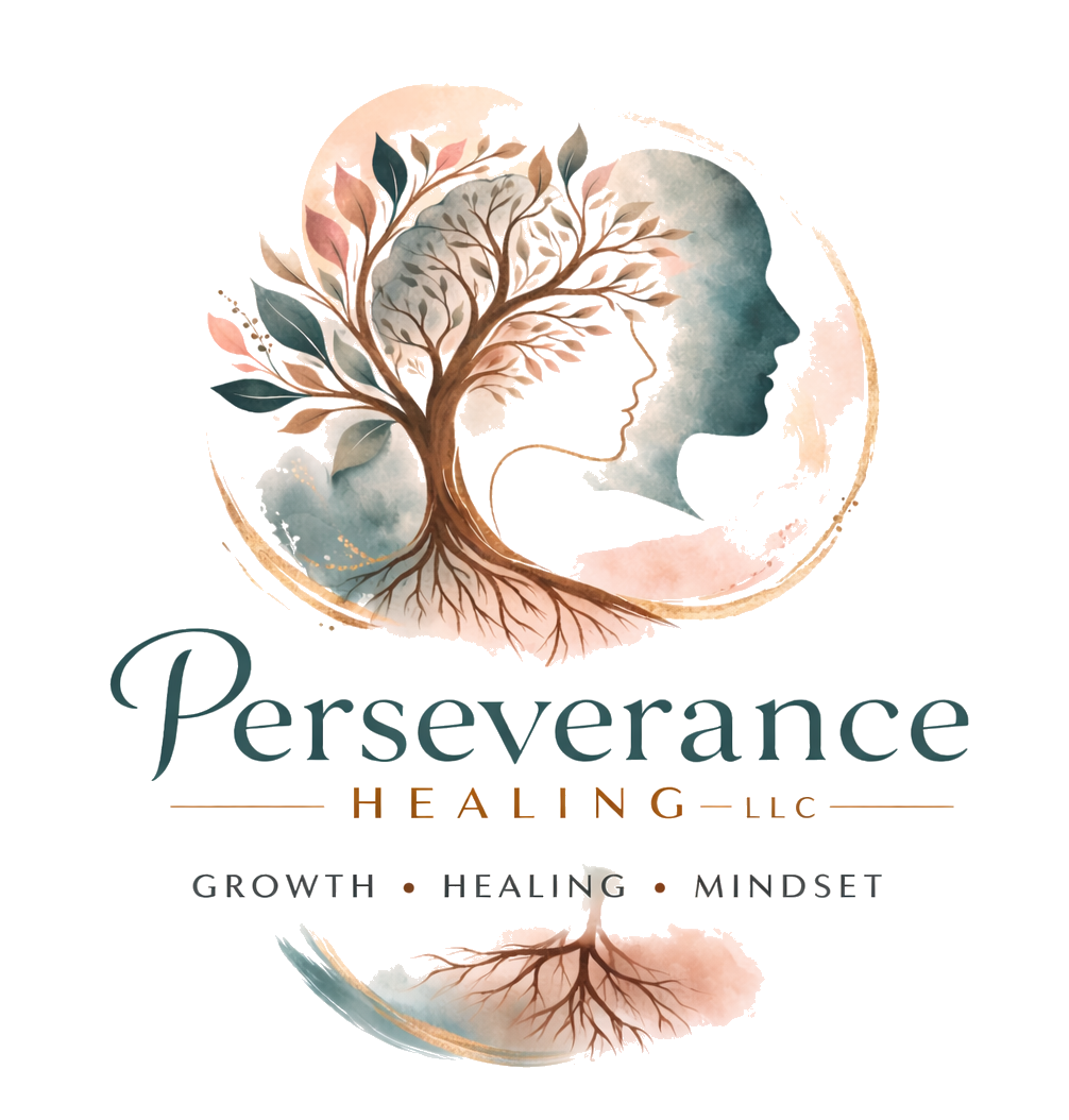 Perseverance Healing LLC — watercolor tree with two faces in profile. Growth, healing, mindset.